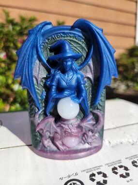 Handcrafted Resin Decor W/ Real Stone Orbs; Blue & Purple Witch Dragon Figurine